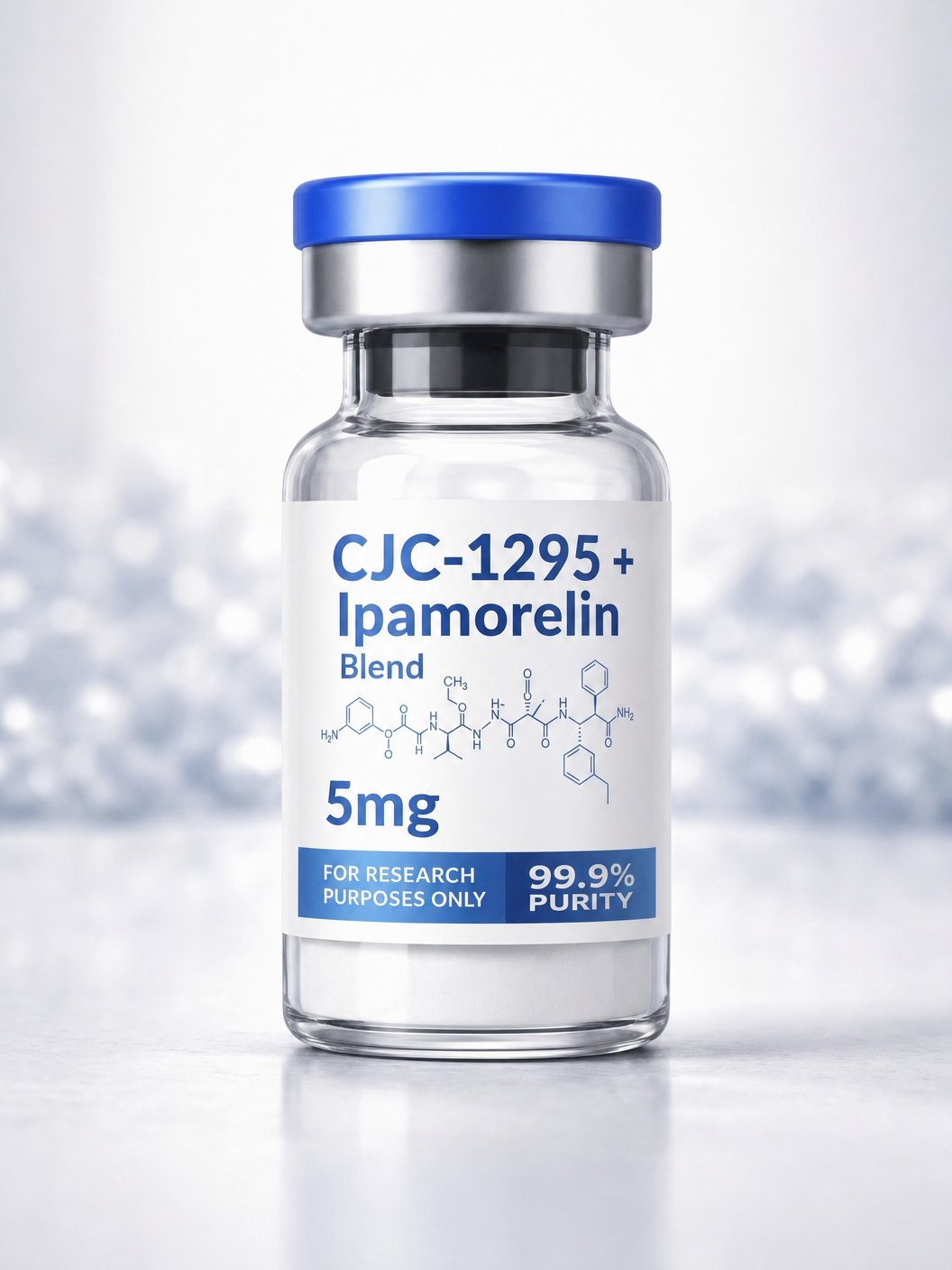 CJC-1295 + Ipamorelin blend lyophilized peptide vial — 5mg co-formulated GHRH + GHRP research stack — OMNIPOTENT ≥99% HPLC research reference compound