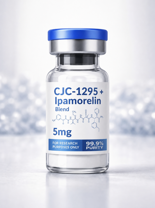CJC-1295 + Ipamorelin blend lyophilized peptide vial — 5mg co-formulated GHRH + GHRP research stack — OMNIPOTENT ≥99% HPLC research reference compound