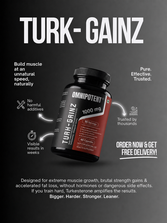 Turk-Gainz Turkesterone 1000mg capsules — Ajuga turkestanica extract for natural muscle support, strength & testosterone — OMNIPOTENT supplement India