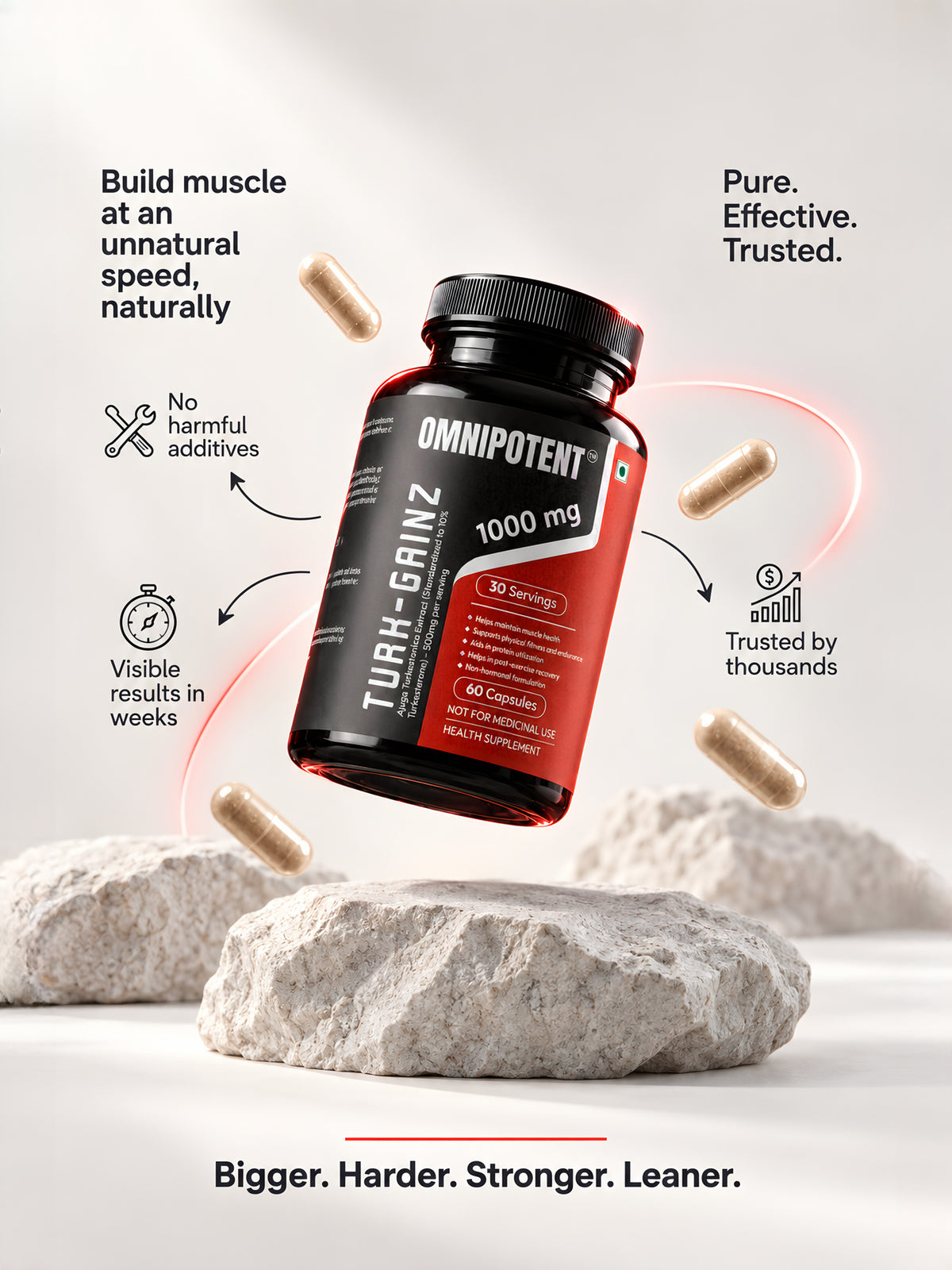 Turk-Gainz Turkesterone 1000mg capsules by OMNIPOTENT — build muscle at an unnatural speed, naturally. Pure. Effective. Trusted.