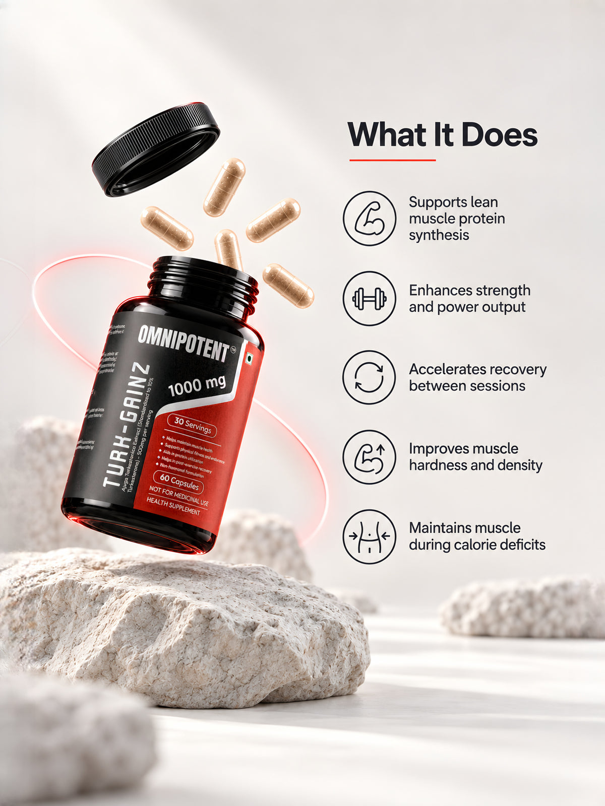 What Turk-Gainz Turkesterone does — lean muscle protein synthesis, strength and power, recovery, muscle hardness, muscle retention in a calorie deficit